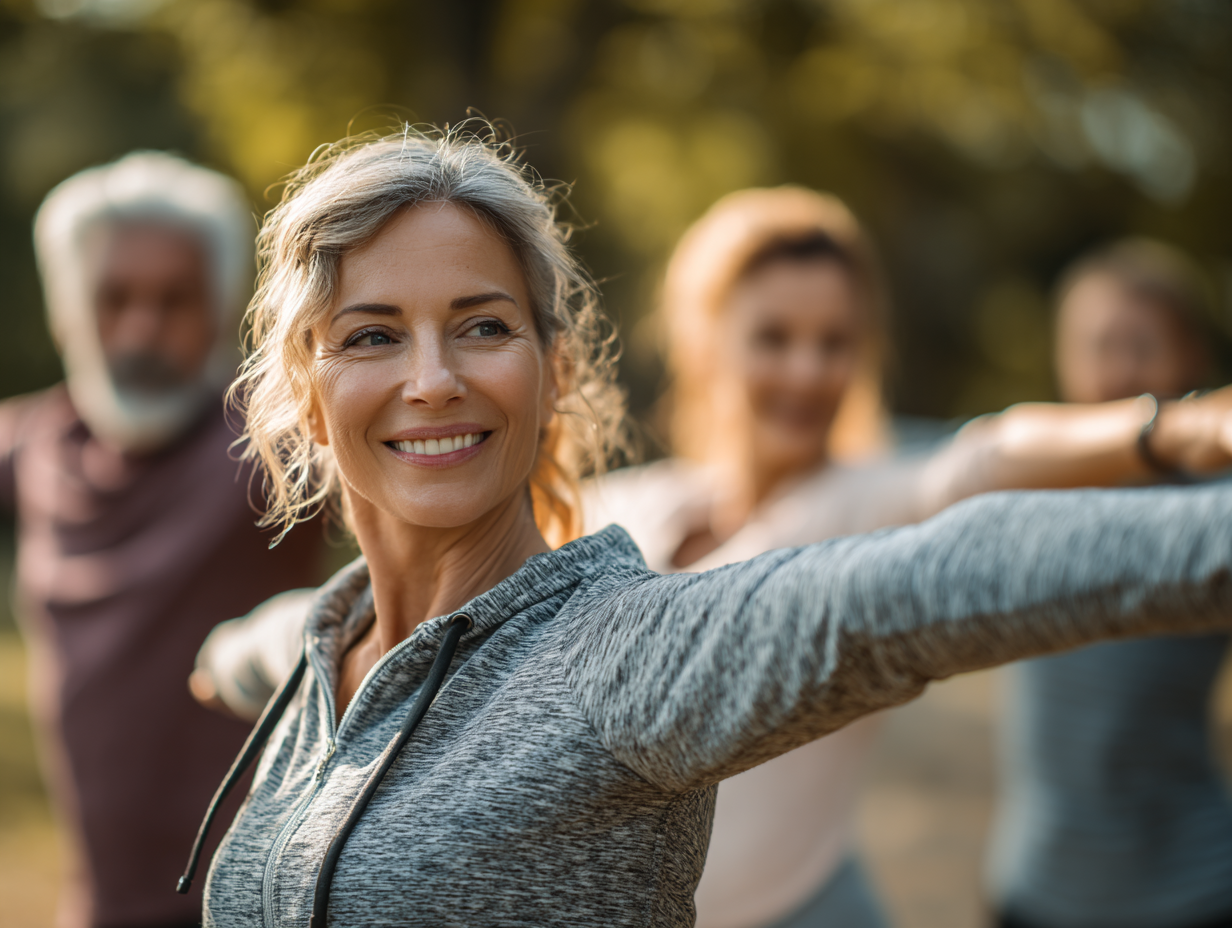 Grup de persoane de diferite vârste făcând exerciții în natură